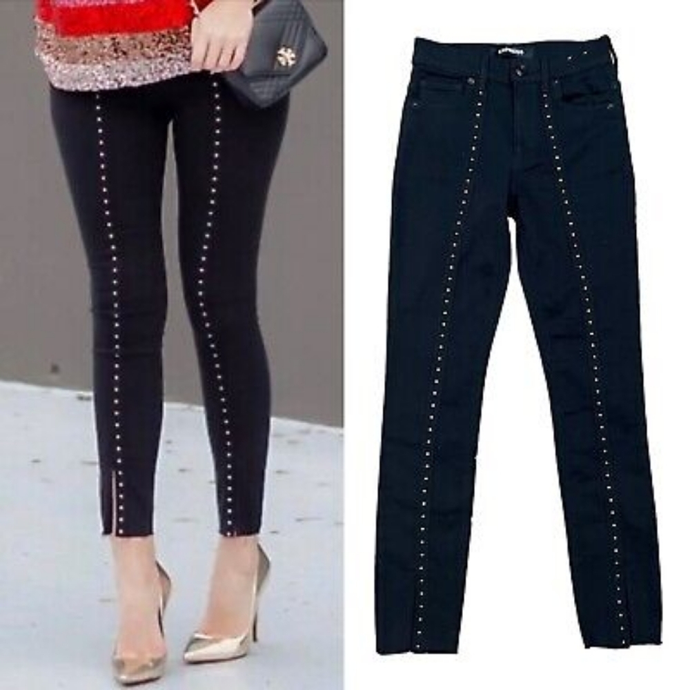 NWOT Express Black‎ High Rise Ankle Leggings Studs and Raw Hem Size 0 Festival
